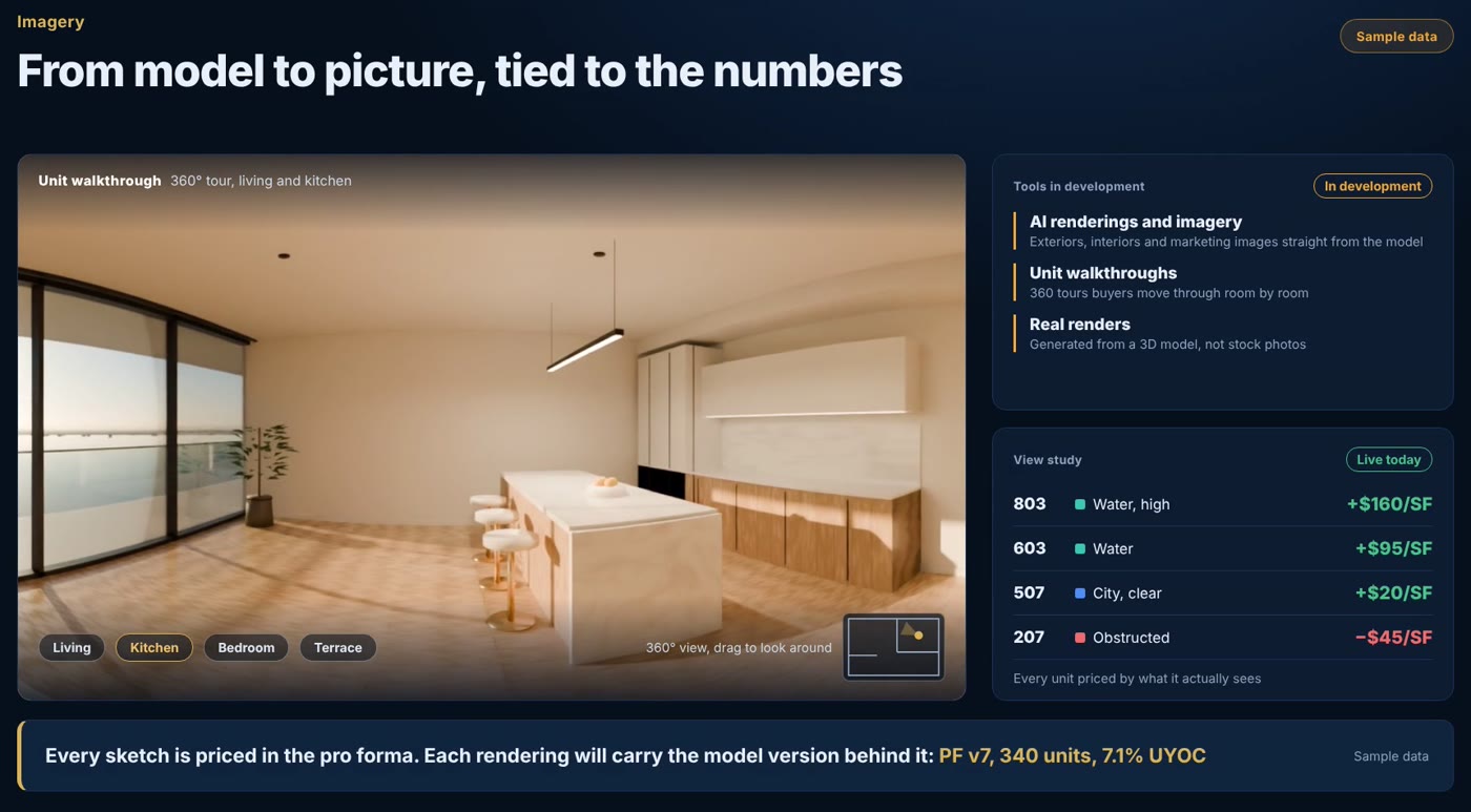 Plan to rendering, a unit walkthrough and a view study, each tagged to the model version