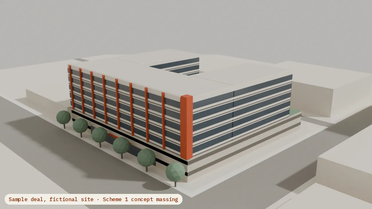Massing of scheme 1, a seven-story Live Local rental on sample deal A