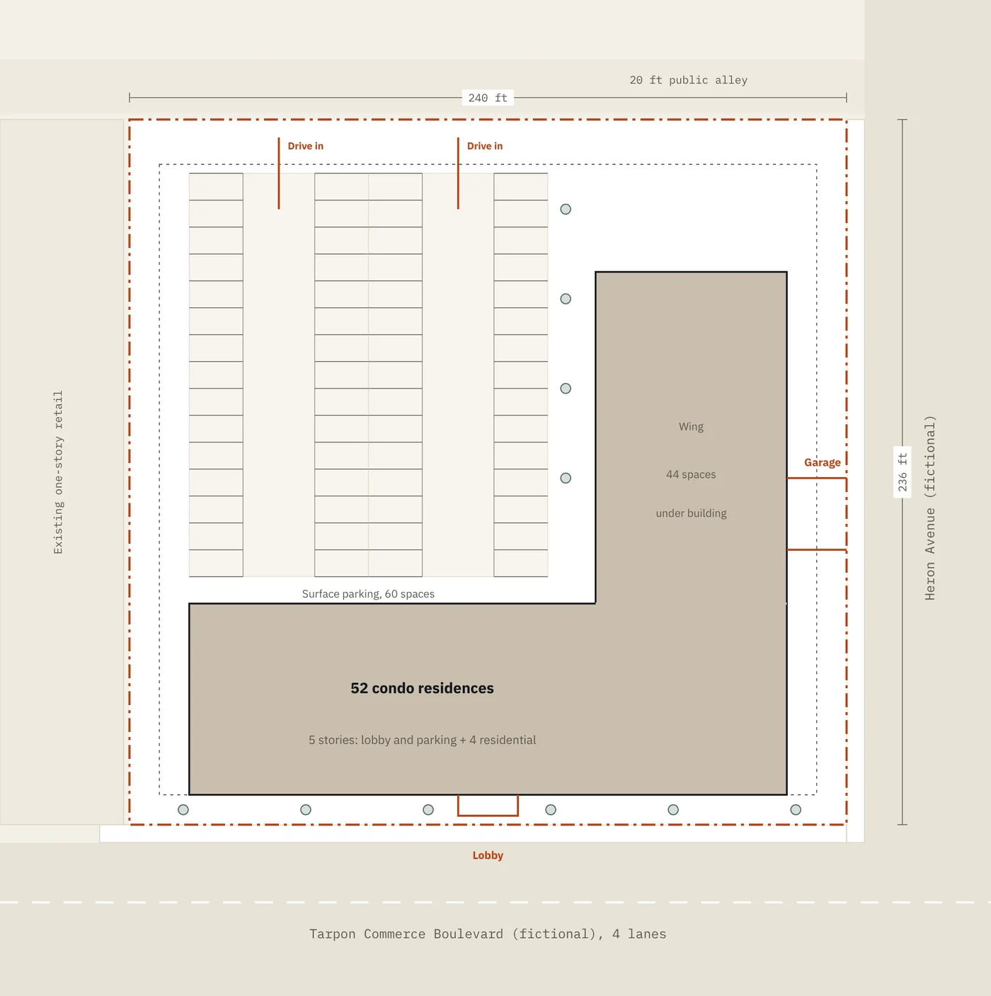 Concept site plan, scheme 2: five-story condo mid-rise